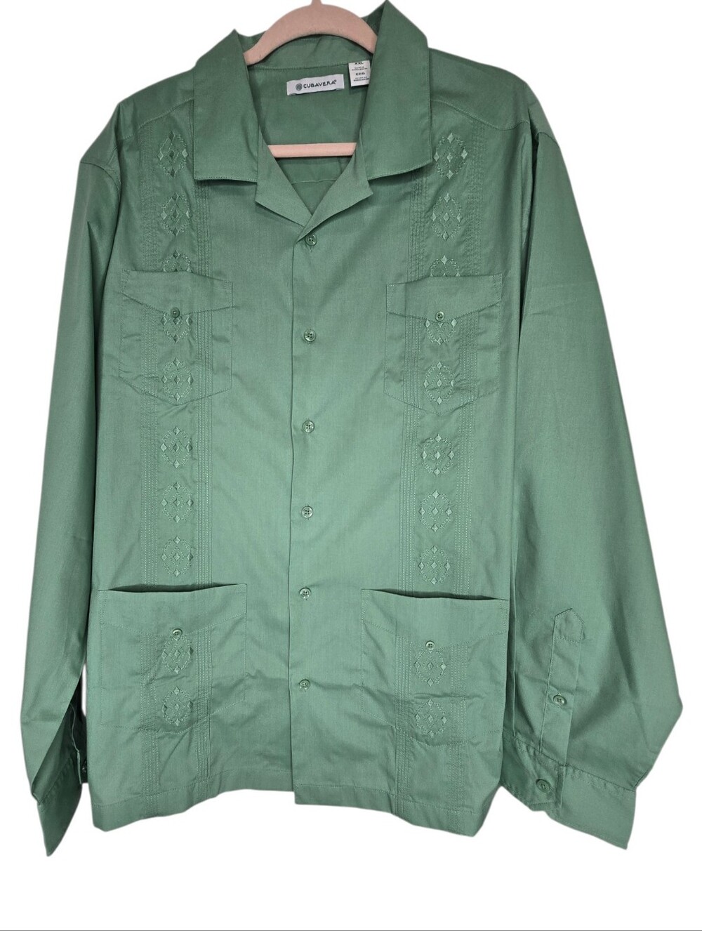 Cubavera malachite green long-sleeve embroidered guayabera shirt.